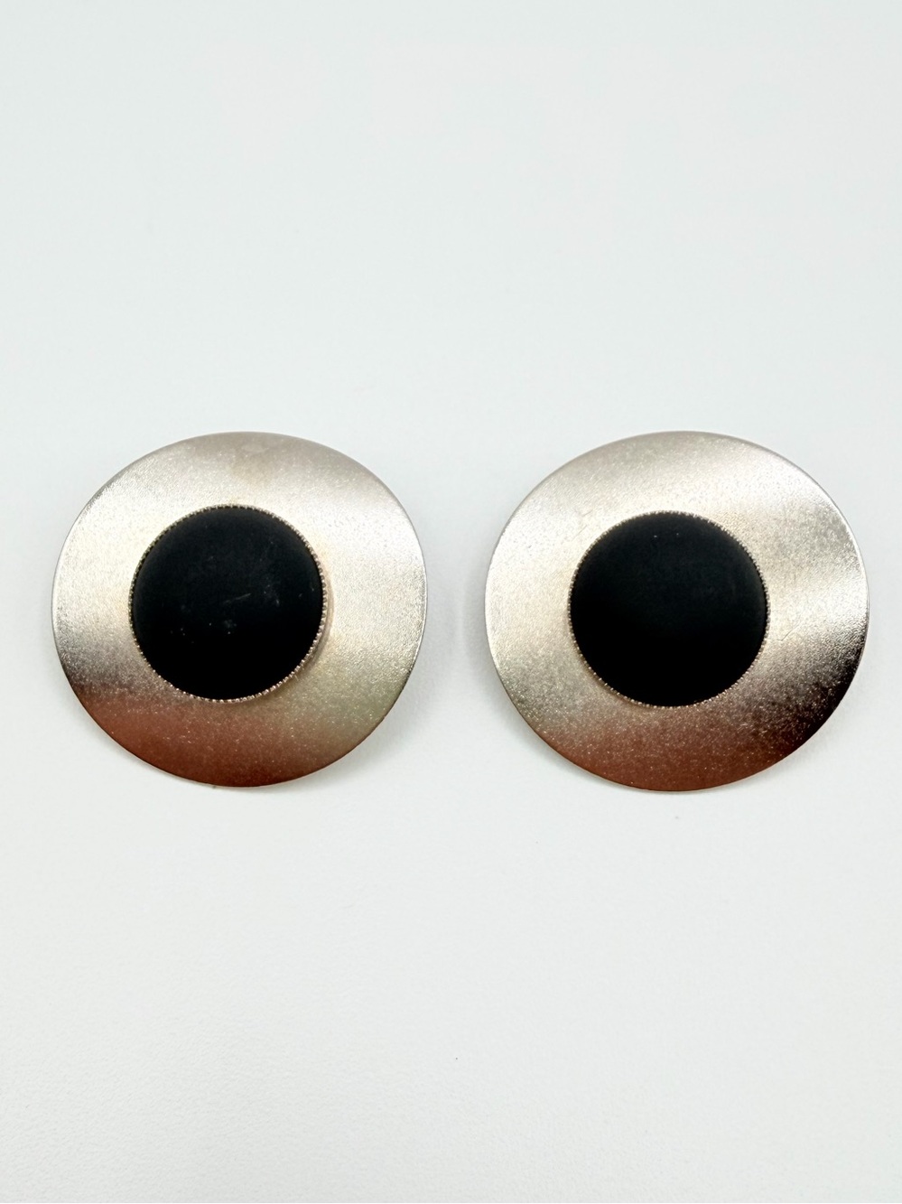 Vintage Silver Tone Black Cabochon Clip On Statement Earrings